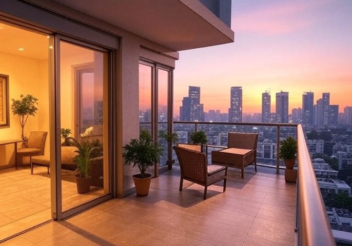 investment estate 4 BHK luxury apartment with a city view from balcony during sunset