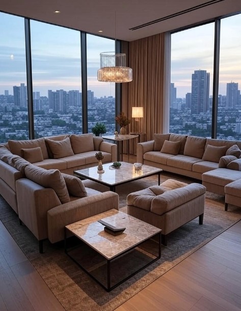investment estate Ultra luxury apartment living room with floor to ceiling glass windows and designer furniture